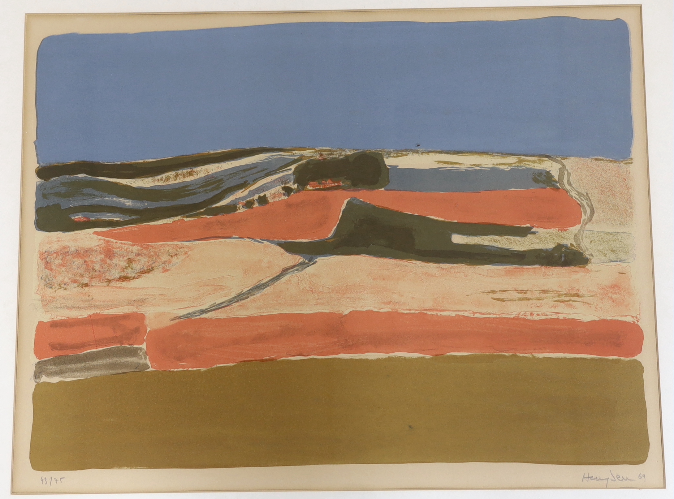 Henri Hayden (Polish, 1883-1970), colour screenprint, Abstract landscape, limited edition 43 of 75, signed, 53 x 42cm